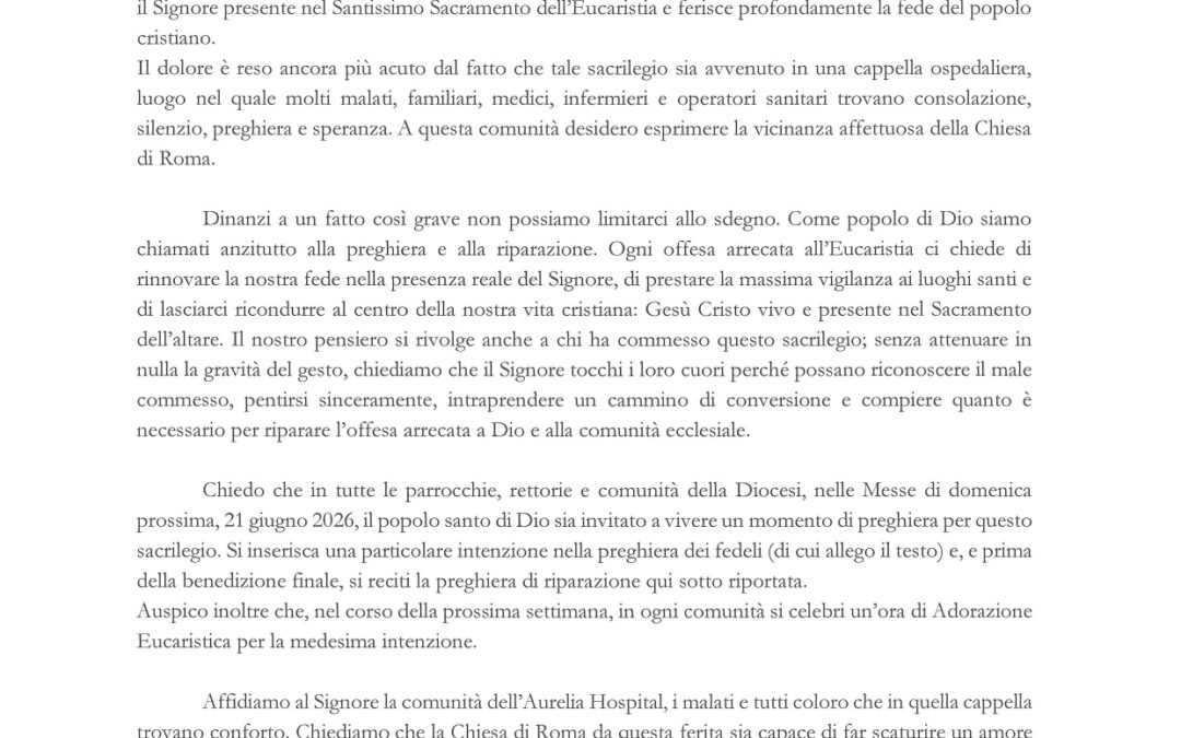 Lettera e preghiera di riparazione per sacrilegio eucaristico